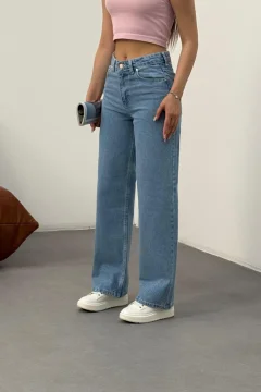 بنطال جينز أزرق عالي الخصر وواسع الساق للنساء - Фото 7