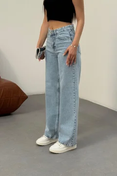 بنطال جينز نسائي أزرق فاتح عالي الخصر وواسع الساق - Фото 2