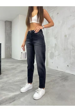 بنطال جينز نسائي مرن ليكرا عالي الخصر باللون الاسود - Фото 6