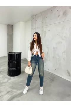 بنطال جينز نسائي مرن ليكرا عالي الخصر باللون الازرق - Фото 5