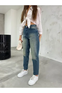 بنطال جينز نسائي مرن ليكرا عالي الخصر باللون الازرق - Фото 3