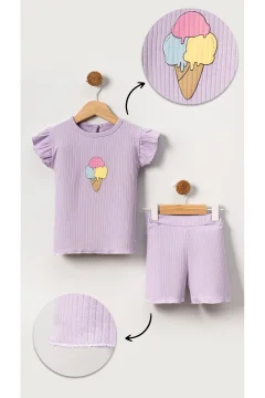 طقم شورت قطني للفتيات الصغيرات - منقوش وصورة آيس كريم، أرجواني - Фото 2