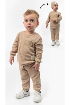 طقم وافل بتفاصيل قبعة للجنسين مكون من 3 قطع باللون البيج - Фото 9