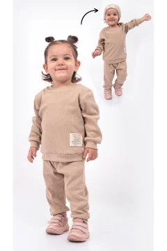 طقم وافل بتفاصيل قبعة للجنسين مكون من 3 قطع باللون البيج - Фото 4