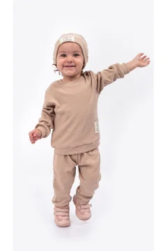 طقم وافل بتفاصيل قبعة للجنسين مكون من 3 قطع باللون البيج - Фото 6