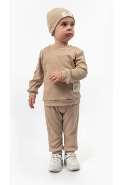 طقم وافل بتفاصيل قبعة للجنسين مكون من 3 قطع باللون البيج - Фото 3