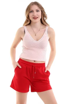 شورت قطني عادي بجيب مطاطي باللون الأحمر - Фото 4