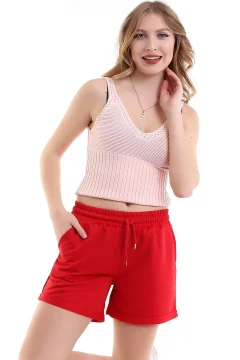 شورت قطني عادي بجيب مطاطي باللون الأحمر - Фото 2
