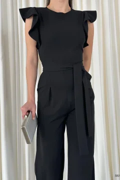 بذلة من قماش الكريب بحزام وياقة مزدوجة الصدر - Фото 3