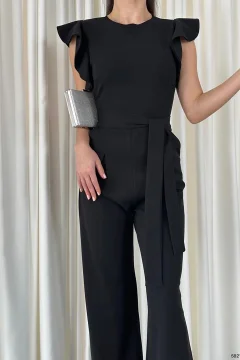 بذلة من قماش الكريب بحزام وياقة مزدوجة الصدر - Фото 6