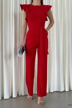 ذلة من قماش الكريب بحزام وياقة مزدوجة الصدر باللون حمراء - Фото 7