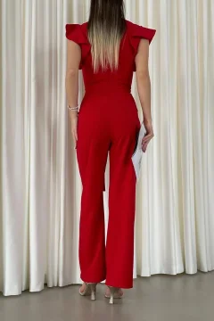 ذلة من قماش الكريب بحزام وياقة مزدوجة الصدر باللون حمراء - Фото 4