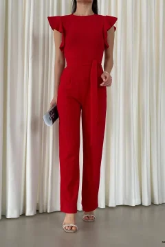 ذلة من قماش الكريب بحزام وياقة مزدوجة الصدر باللون حمراء - Фото 5