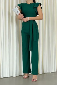 بذلة من قماش الكريب بحزام وياقة مزدوجة الصدر - Фото 3