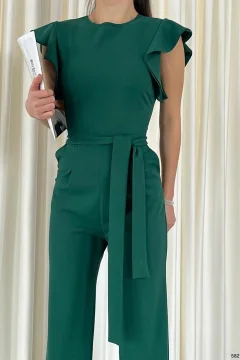 بذلة من قماش الكريب بحزام وياقة مزدوجة الصدر - Фото 6