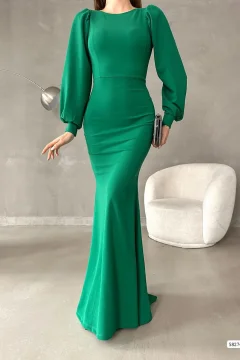 فستان أخضر طويل الأكمام من قماش الكريب - Фото 1