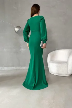 فستان أخضر طويل الأكمام من قماش الكريب - Фото 5