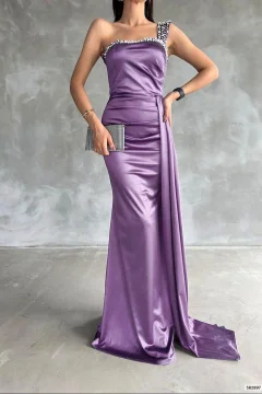 فستان سهرة ساتان باللون الليلكي مطرز فضي - Фото 3