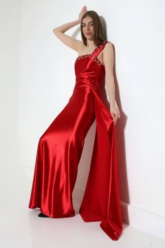 فستان سهرة ستان احمر مع تطريز فضي - Фото 5