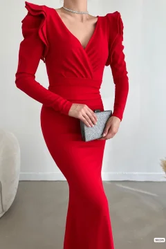 فستان طويل من قماش الكريب المستورد بأكمام طويلة وحزام باللون الأحمر - Фото 4