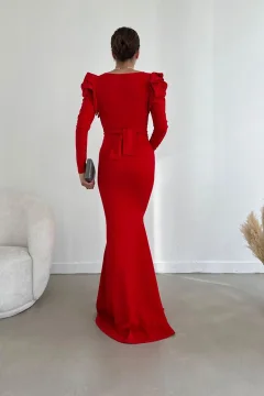 فستان طويل من قماش الكريب المستورد بأكمام طويلة وحزام باللون الأحمر - Фото 5