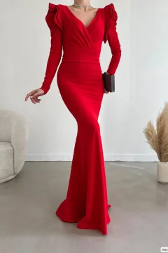 فستان طويل من قماش الكريب المستورد بأكمام طويلة وحزام باللون الأحمر - Фото 3