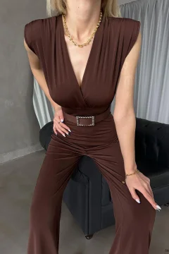 Brown Sandy Fabric Padded Belt Detail Jumpsuit - Фото 6