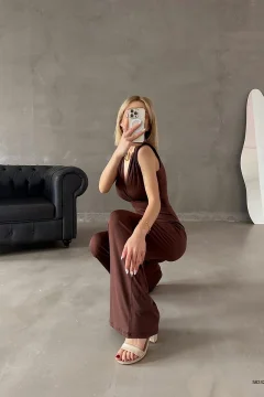 Brown Sandy Fabric Padded Belt Detail Jumpsuit - Фото 2