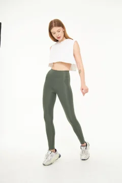 بنطال رياضي نسائي عالي الخصر باللون الكاكي - Фото 2