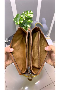 حقيبة يد من الجلد الطبيعي بلون البندق مع حزام يد - Фото 4