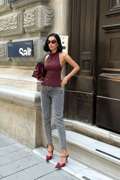 بنطلون جينز نسائي رمادي ثلجي بخصر عالٍ - Фото 4