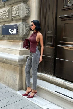 بنطلون جينز نسائي رمادي ثلجي بخصر عالٍ - Фото 5