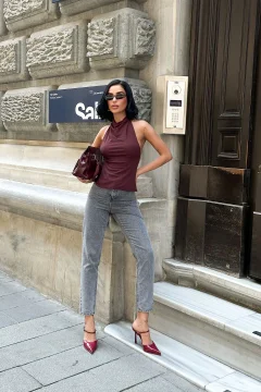 بنطلون جينز نسائي رمادي ثلجي بخصر عالٍ - Фото 3