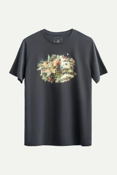 t -shirtللجنسين تصميم كبير الحجم لون رمادي مطبوع - Фото 1