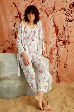 طقم بيجامة نسائي مع فستان صباحي مزين بالدانتيل متعدد الالوان - Фото 2