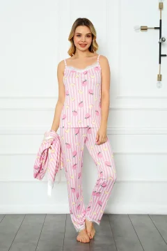 طقم بيجامة نسائي مع فستان صباحي مزين بالدانتيل - Фото 2