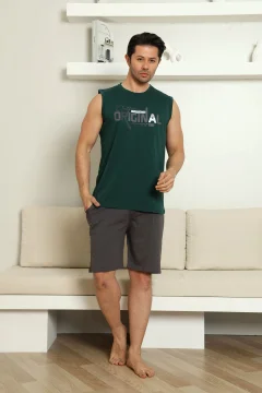 Sporty 100% Cotton Men's Pajama Set with Shorts - Фото 1