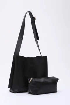 حقيبة يد وكتف باللون الأسود - معها حقيبة مكياج - Фото 2