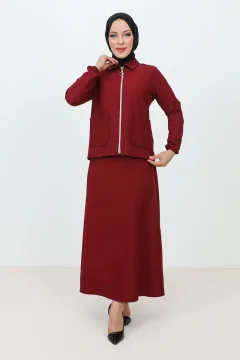 Zippered Pocket Skirt Crepe Suit TSD231205 Claret Red - Фото 1