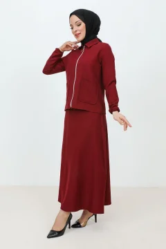 طقم تنورة وجاكيت من الكريب بجيوب وسحاب أحمر قرمزي - Фото 3