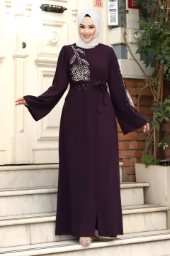 Daisy Patterned Bead Embroidered Hijab Ferace Tsd240314 Plum - Фото 1