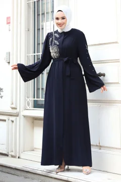 عباية نسائي منقوشة و مطرزة باللون الأزرق الداكن - Фото 3