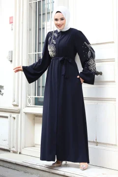 Daisy Patterned Bead Embroidered Hijab Ferace Tsd240314 Navy Blue - Фото 1