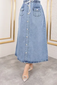 طقم جينز جاكيت و تنورة مطوية أزرق فاتح - Фото 8