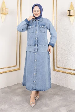 Pocketed Sleeve End Fold Skirt Denim Suit Tsd 250134   Light Blue - Фото 1