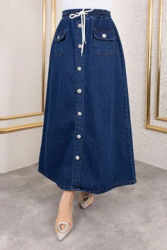 طقم جينز جاكيت وتنورة مطوية أزرق غامق - Фото 4