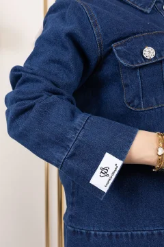 طقم جينز جاكيت وتنورة مطوية أزرق غامق - Фото 5