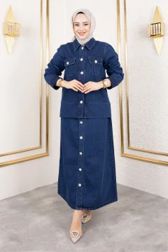 Pocketed Sleeve End Fold Skirt Denim Suit Tsd 250134   Dark Blue - Фото 1
