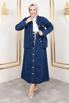 طقم جينز جاكيت وتنورة مطوية أزرق غامق - Фото 7