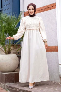 Lace Front Detailed Hijab Dress Tsd240519 Cream - Фото 1